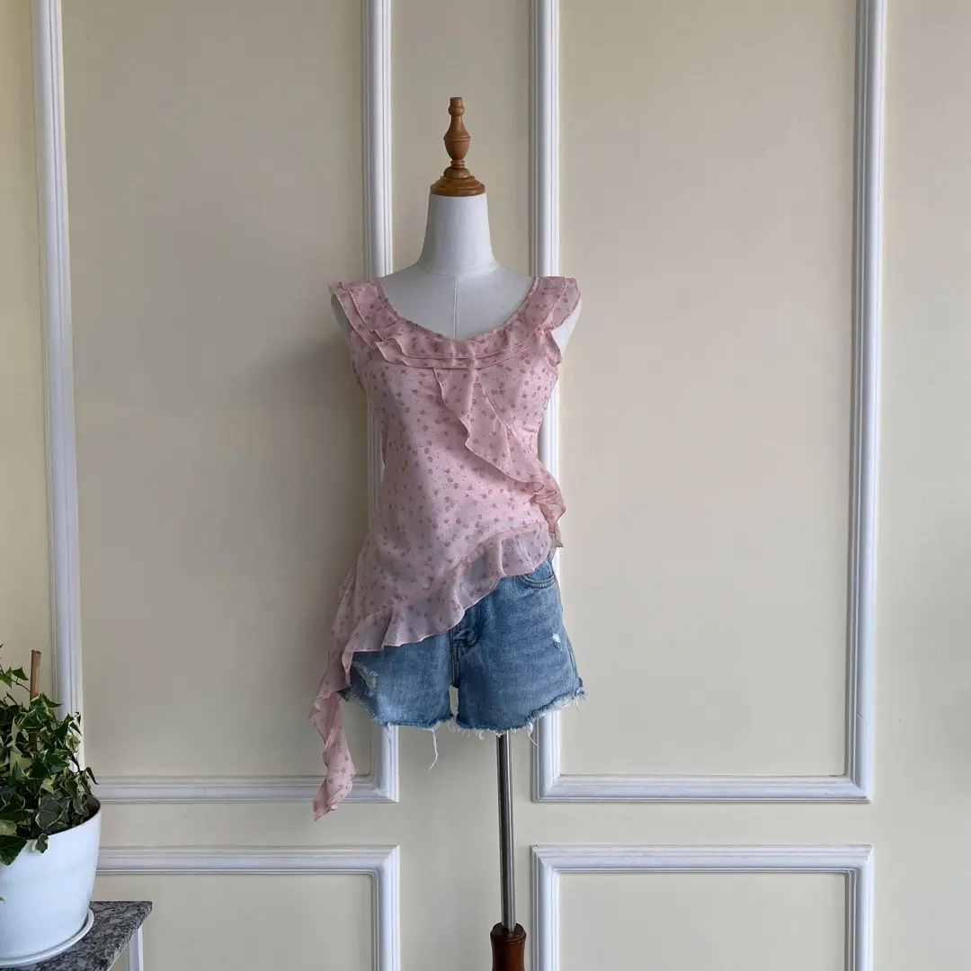 HB SS25-230 FLORAL RUFFLE ASYMMETRIC TOP