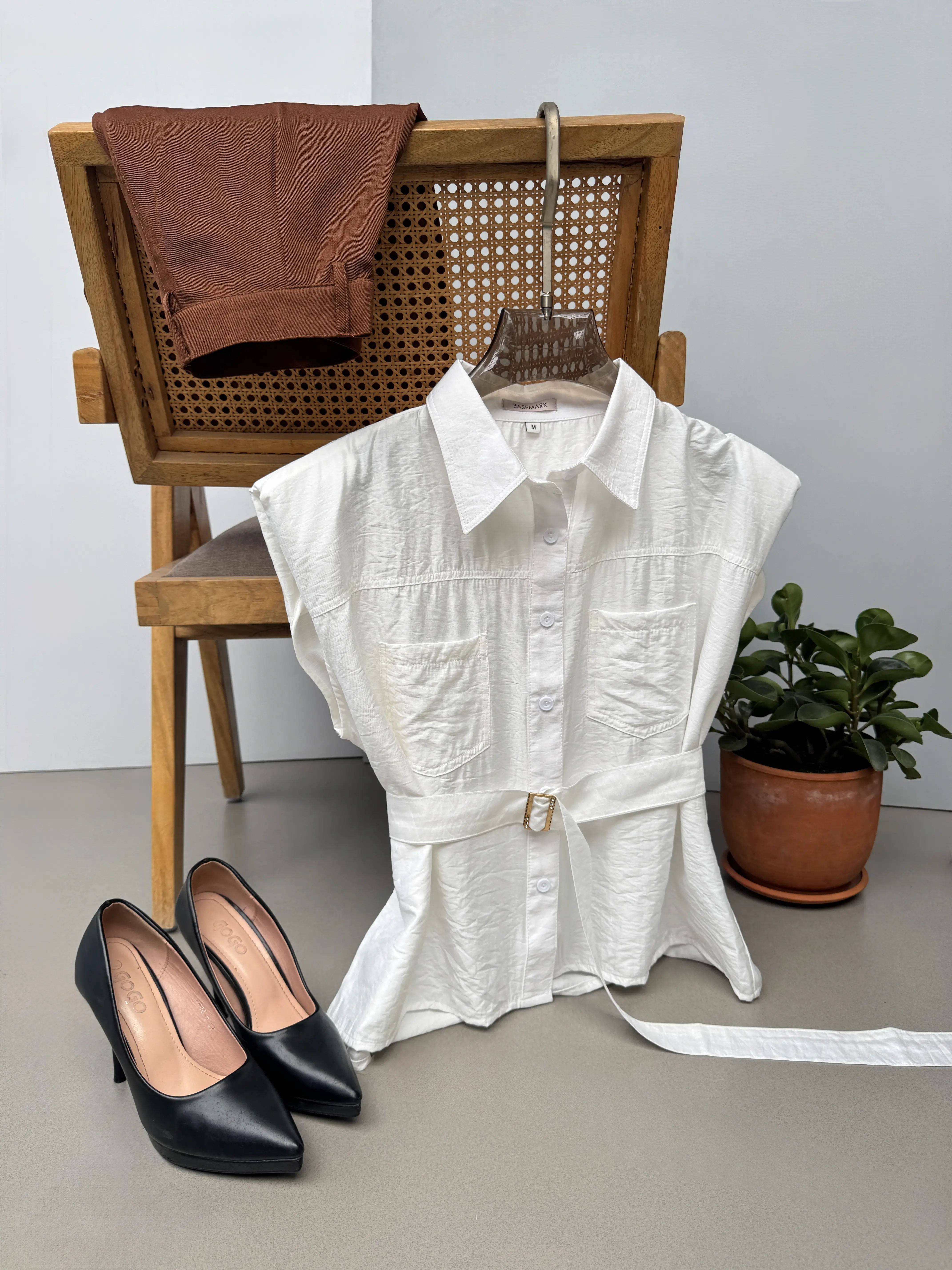 HB SS25-332 BELTED SOLID SHIRT