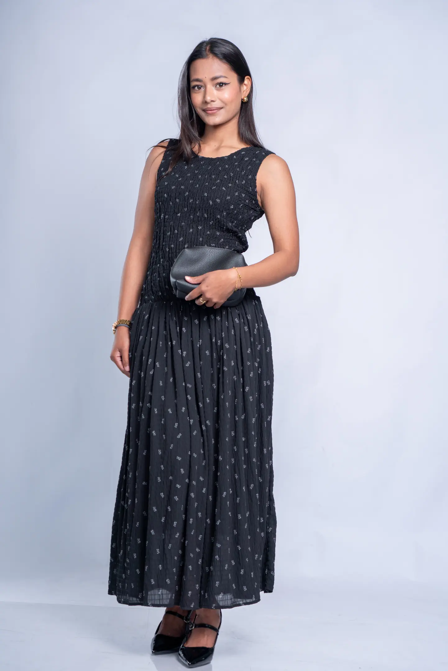 HB SS25-474 FLORAL SMOCKED MAXI GOWN DRESS