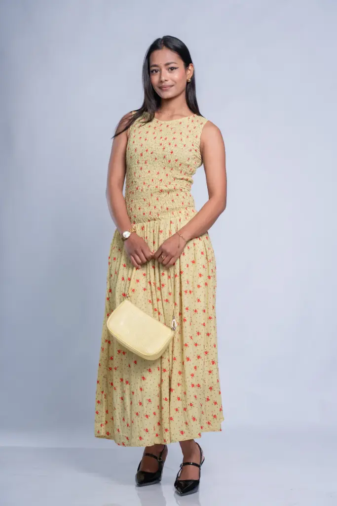 HB SS25-474 FLORAL SMOCKED MAXI GOWN DRESS