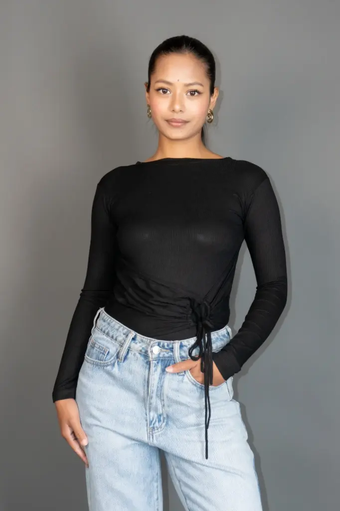 3.53040 HB AW25-89 RUCHED DRAWSTRING TOP (BLACK, S)
