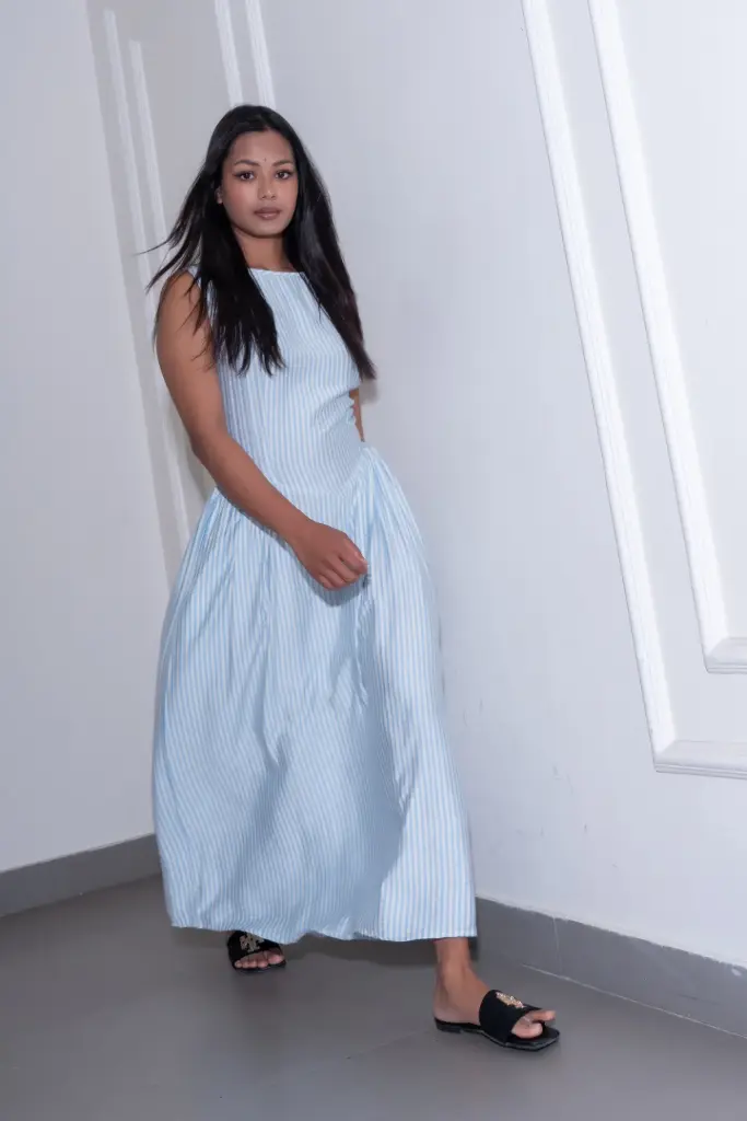 3.63447 HB SS26-60 STRIPE BOAT NECK DRESS (BLUE, S)