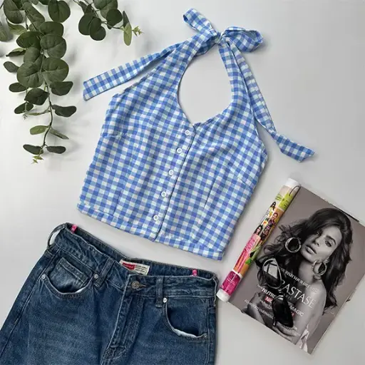 BMKS SS25-05 HALTER CHECKERED TOP