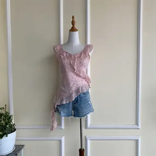 HB SS25-230 FLORAL RUFFLE ASYMMETRIC TOP