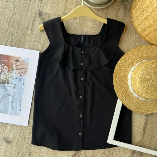 HB SS25-439 RUFFLE DOWN BUTTON TOP